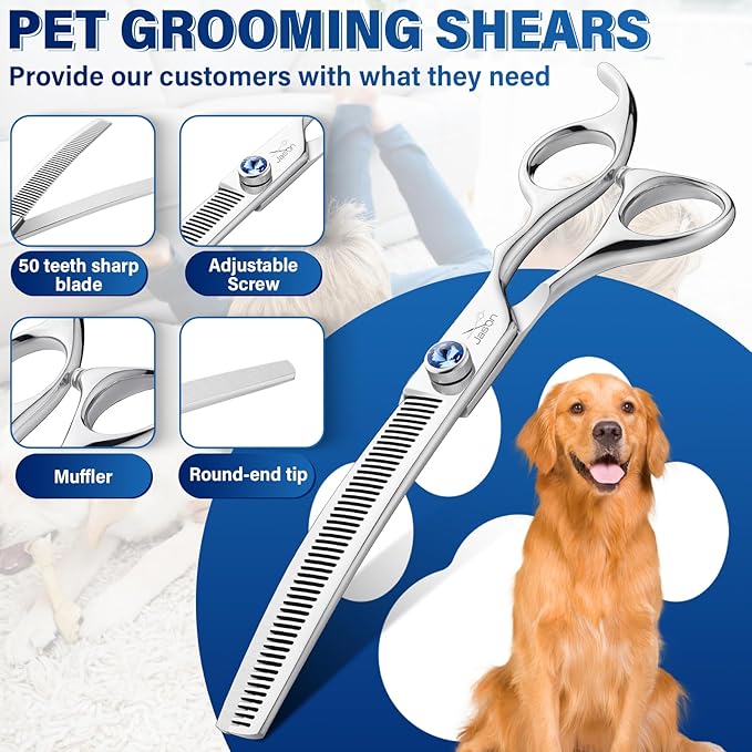 JASON 7" Curved Thinner Dog Scissors - Ergonomic Dog Grooming Scissors Silver Curved Blender Dog Shears 440C Stainless Steel Grooming Shears Professional Pet Shears For Groomer (50-Teeth)