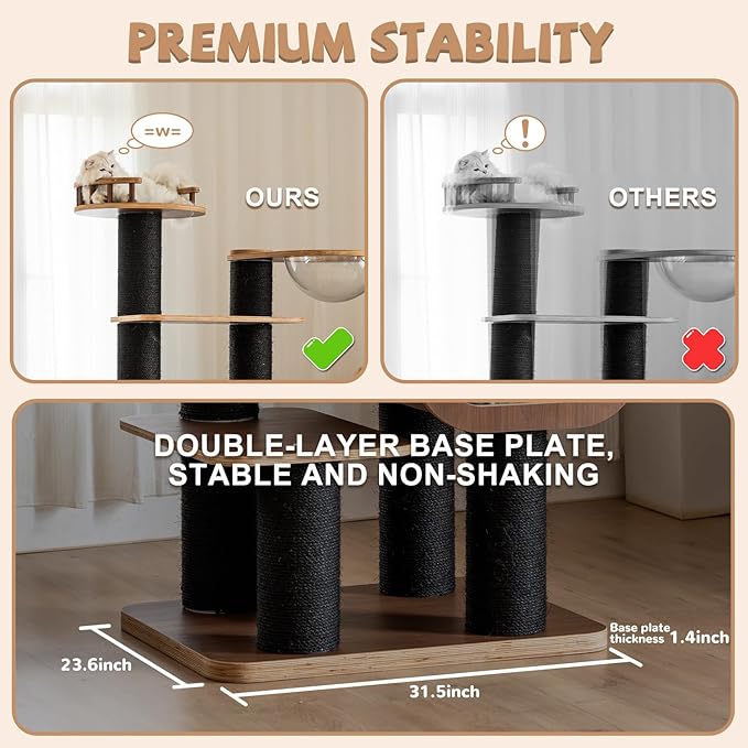 70.8'' Tall Luxury Cat Tree,All i,ne One Black Walnut Wood Modern Cat Tower for Indoor Large,Huge Multi-Level Cat Furniture with Scratching Posts,Condo,Cushion,Clear Bowl,Platform for Home Decoration