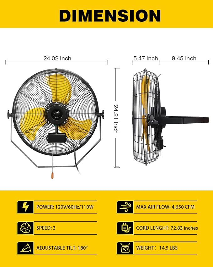 VENTISOL 20 Inch Waterproof Wall Mount Fan, High Velocity 3-Speeds 4650 CFM Heavy Duty for Home, Workshop, Industrial, Barn, Greenhouse, ETL Listed