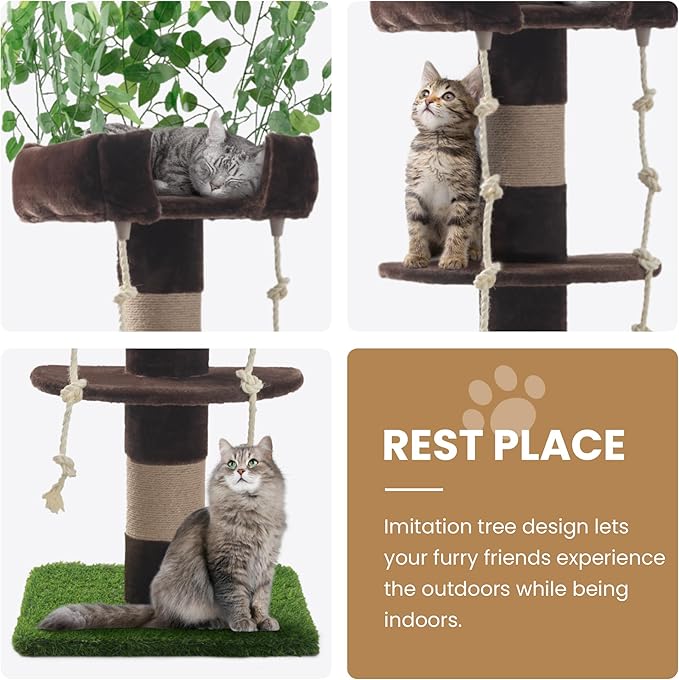 SHA CERLIN 55 Inches Cat Tree Tower with Leaves/Cozy Perches with Scratching Post for Indoor Kittens and Adults Cats/Sisal Rope and Simulated Lawn with Wide Base/Brown & Green