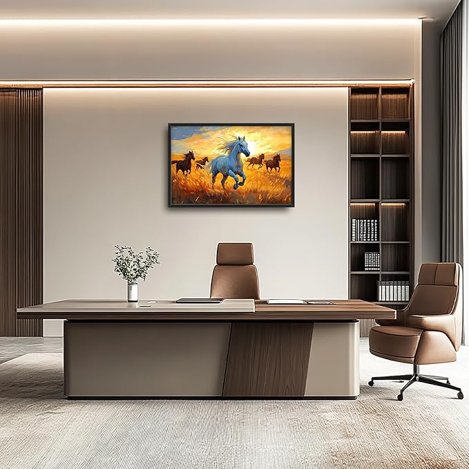 Framed Large Horse Wall Art for Living Room, Oversized Running Horses Wall Decor, Sunset Field Landscape Canvas Painting Home Decoration for Living Room Bedroom Dining Room Office 36"x24"