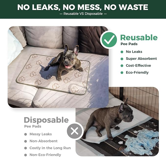 FXW Washable Pee Pads for Dogs, Puppy Pads with Super Absorbent, Specifically Designed for 24inch Cages, 23" × 17" Rectangle, Khaki, 2 Packs