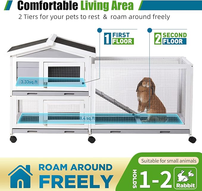 Rabbit Hutch, Indoor Cage Outdoor Two Story Bunny with Asphalt Roof Guinea Pig with Removable No Leaking Tray, Ramp, Pet House for Small Animals
