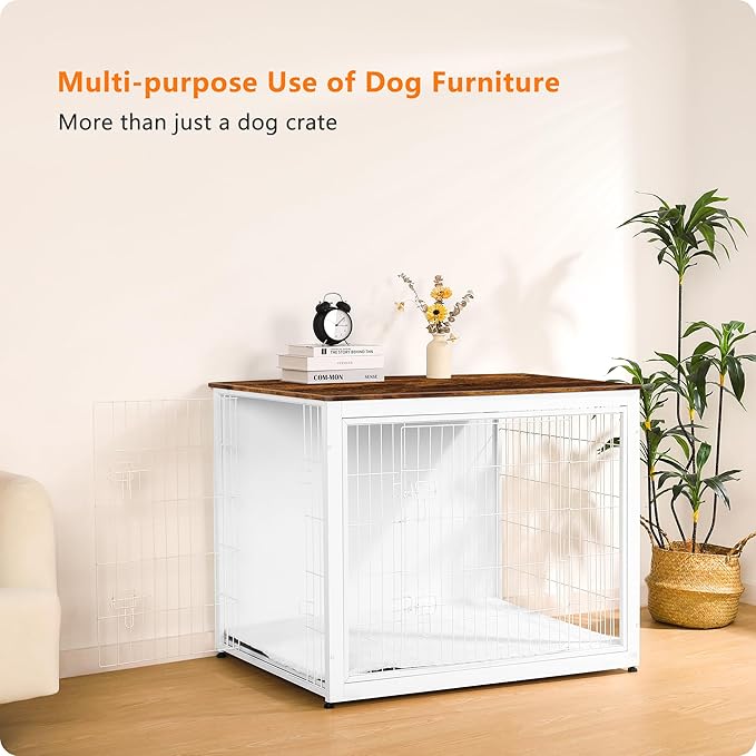 DWANTON Dog Crate Furniture with Cushion, Wooden Kennel Table with Double Doors, Indoor Dog House, Extra Large Size, 43.3" L, White+Rustic Brown