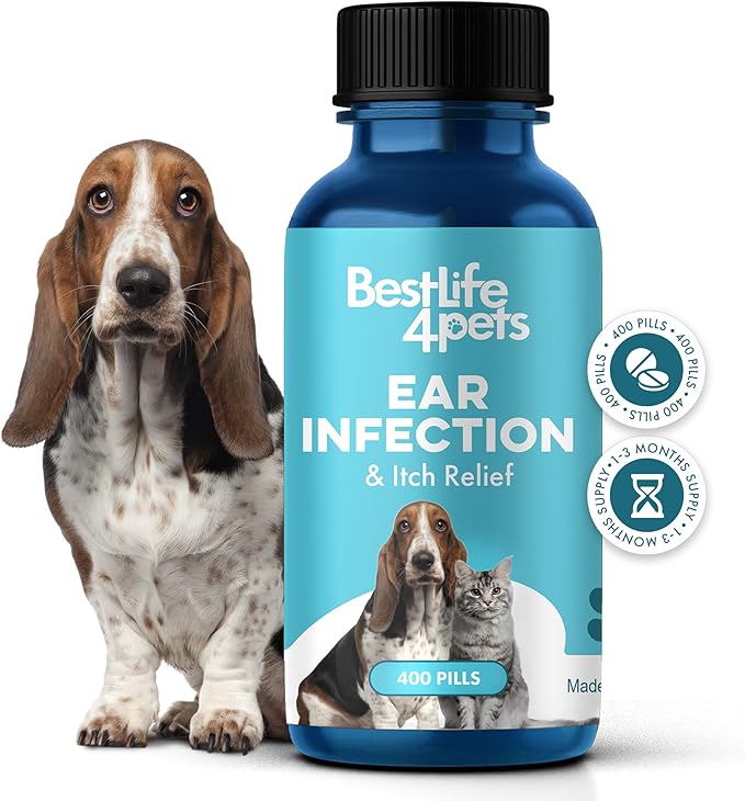 Itch Relief and Ear Infection Treatment for Dogs & Cats, Natural Ear Mites Treatment for Cats and Dogs Soothes Itchy Ears, Reduces Swelling, Otitis, Pain & Inflammation, 400 Easy to Give Tiny Pills