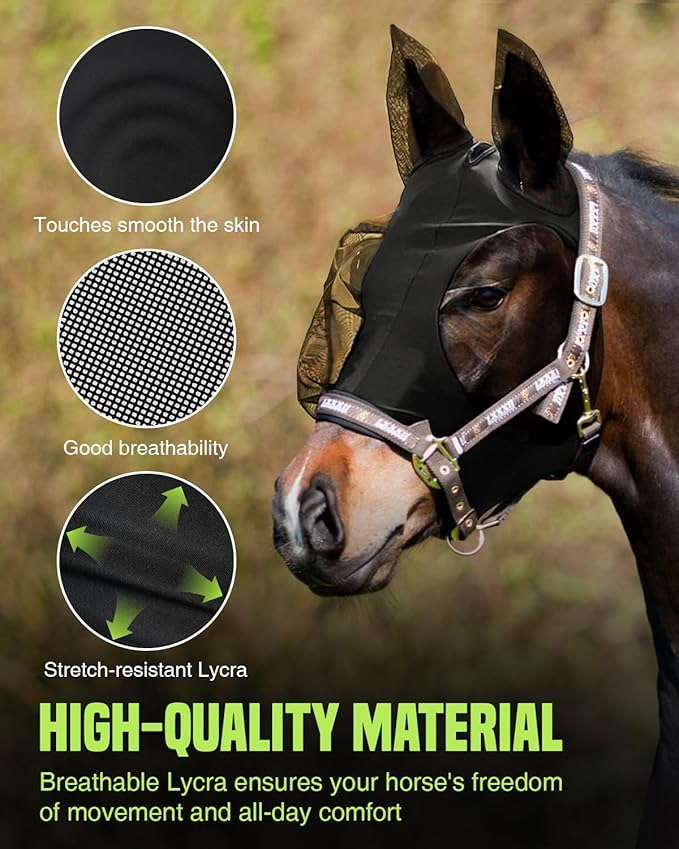 JWODVNTH Fly Masks for Horses with Ears - Large Eye Space, Comfort, UV-Block - Horse Fly Mask for Daily Stable, Hot Weather Riding, and Competition - X-Full, Black