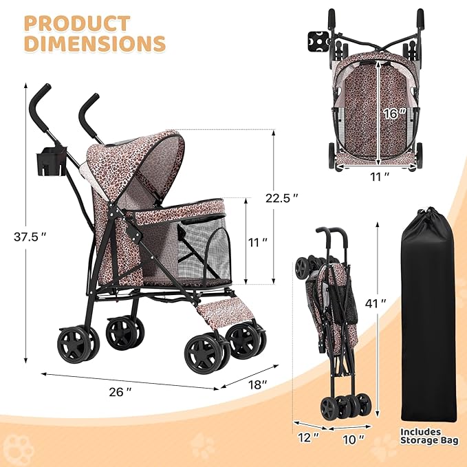 Magshion Compact Pet Stroller for Small-Medium Dogs/Cats up to 22lbs, 4-Wheel Lightweight Umbrella Shaped Portable Puppy Travel Jogger with Breathable Mesh, Cup Holder & Rear Storage, Leopard Print