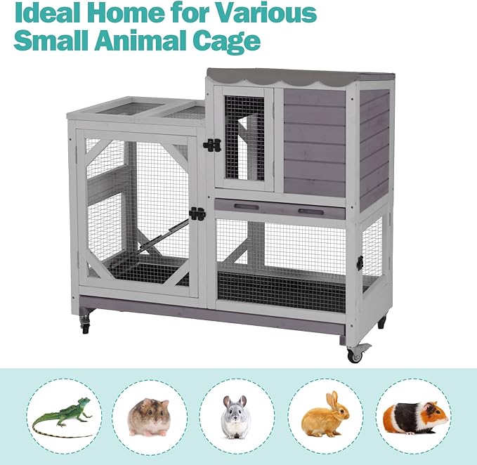 Rabbit Hutch Indoor for 2-4 Rabbits & Guinea Pigs，Bunny Cage with Slide-Out Plastic Trays，Wooden Small Animal Cage for Rabbits, Bunnies, and Guinea Pigs