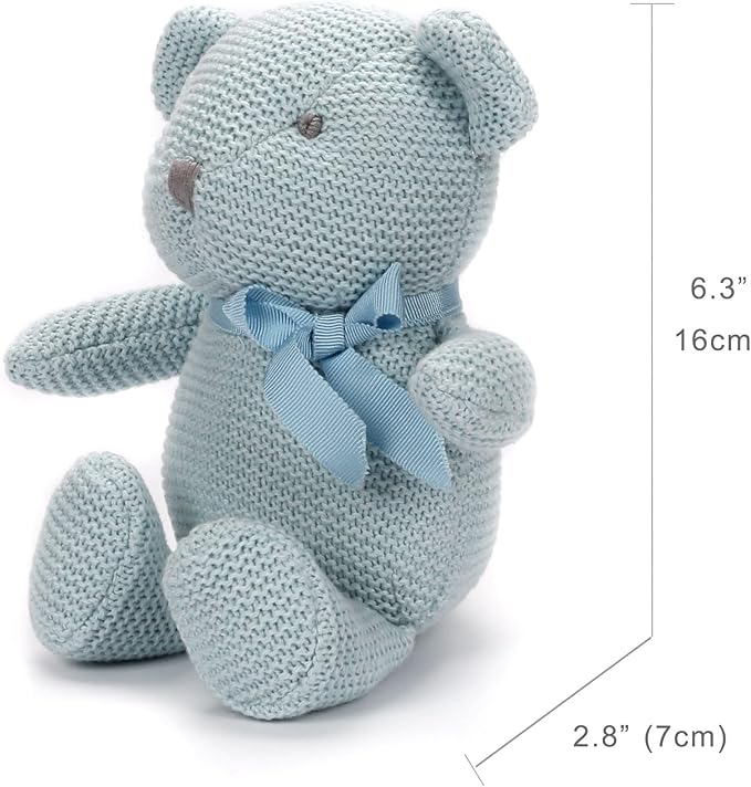 100% Organic Cotton Baby Toys Blue Teddy Bear 6.5" Stuffed Animals for Newborn