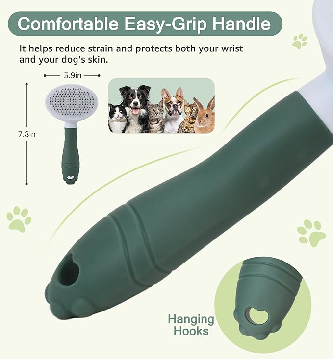 Pet Self-Cleaning Slicker Brush for Dogs & Cats, Deshedding Grooming Comb, Removes Loose Undercoat Hair & Mats, Skin-Friendly Massaging Tool for Long/Short Fur, Large & Small Breeds (Green)