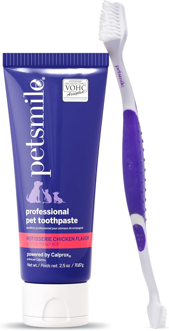 Petsmile Professional Pet Teeth Brushing Kit for Cats & Dogs - Only VOHC Accepted Toothpaste & Patented Toothbrush - Proven to Control Plaque & Tartar Calprox Formula (Rotisserie Chicken, 2.5 Oz)