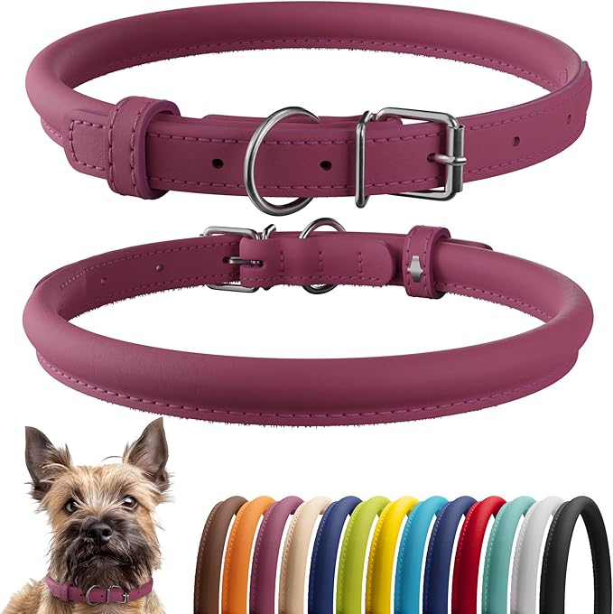 CollarDirect Rolled Leather Dog Collar, Soft Padded Round Puppy Collar, Handmade Genuine Leather Collar Dog Small Large Cat Collars 13 Colors (6-7 Inch, Pink Smooth)