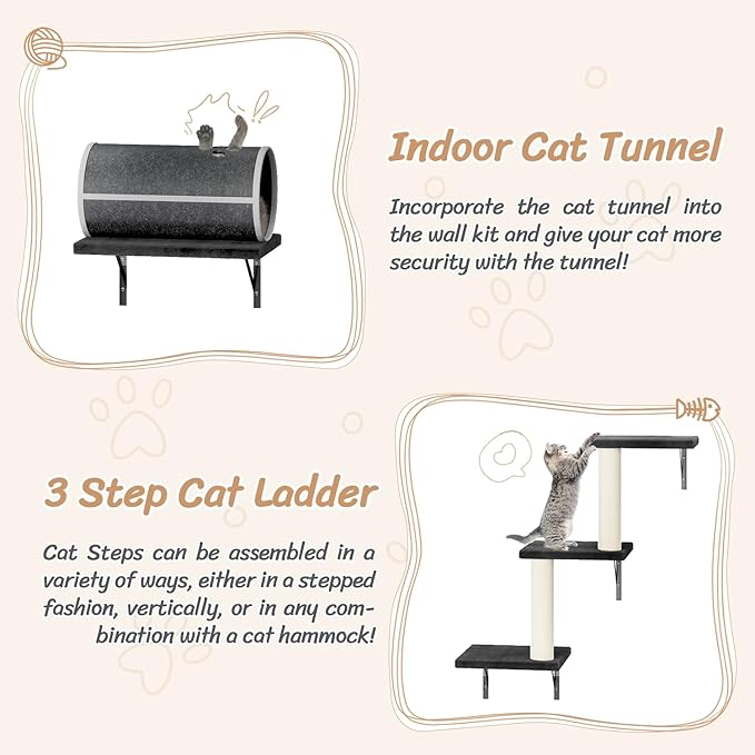 NUNU LAB 7-in-1 Wall Mounted Cat Climber Set, Cat Wall Furniture Set with House, Bridge, Steps, Scratcher Post, DIY Playground, Cat Wall Shelves - Dark Gray