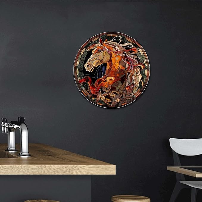 Lygond Metal Sign Tin Sign Circular Stained Glass Horse Gardening Poster for Pet 8×8 Inches