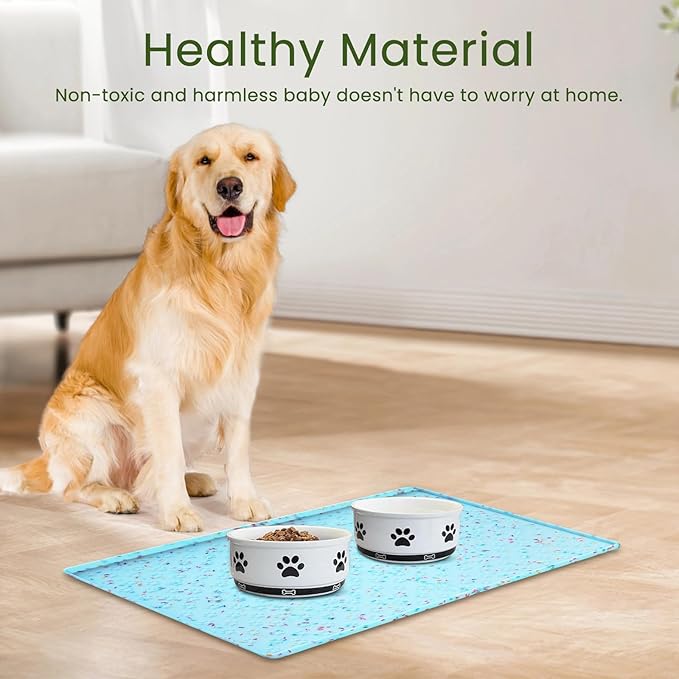 Ptlom Dog Food Mat Anti-Slip Dog Bowl Mats for Food and Water, Waterproof Pet Placemat Prevents Messy Spill to Floor, Silicone Puppy Feeding Tray for Small, Medium and Large Dogs Cats, Blue