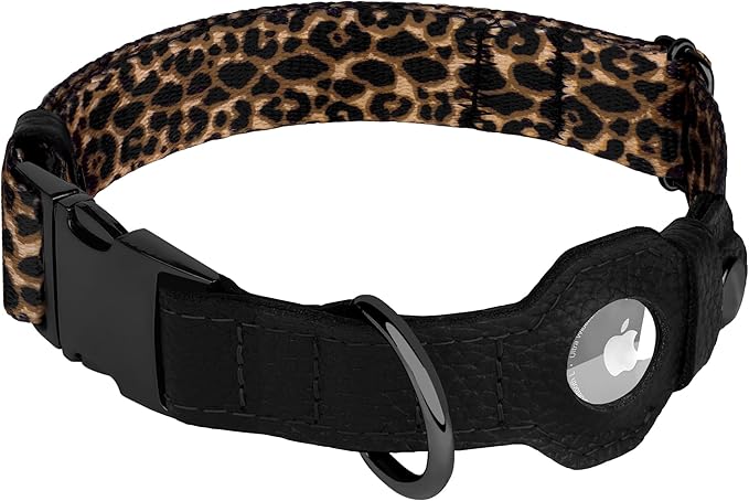 AirTag Dog Collar for Small Medium Large Breed - Adjustable Cute Pattern Dog Collar with Airtag Holder - Soft Leather Tracker GPS Apple Air Tag Pet Collars (Large, 17"-21" Neck Fit, Leopard)