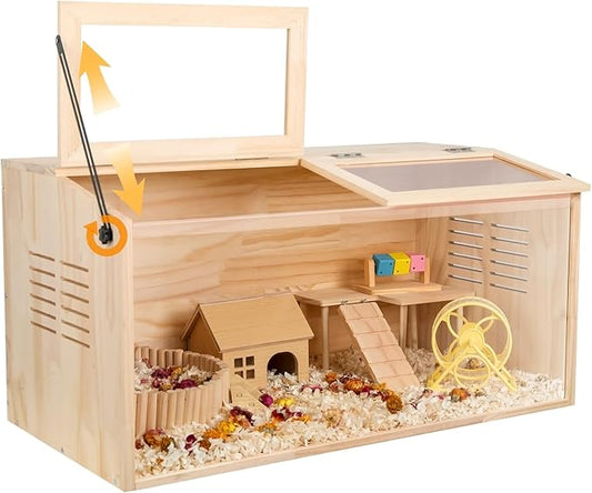 Wooden Hamster Cage,48" Lx20 Wx20 H，Animal Cabinet for Dwarf Syrian Hamsters Degus, Hamster Habitat with Openable Top and Large Acrylic Sheets.