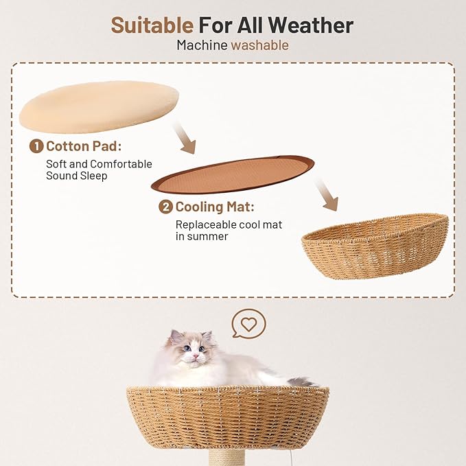 Rattan Cat Climbing Tower Condo with Scratching Post,Capsule,Basket,and Bed Modern Heavy Duty Cat Tree for Indoor Cat Large Adult
