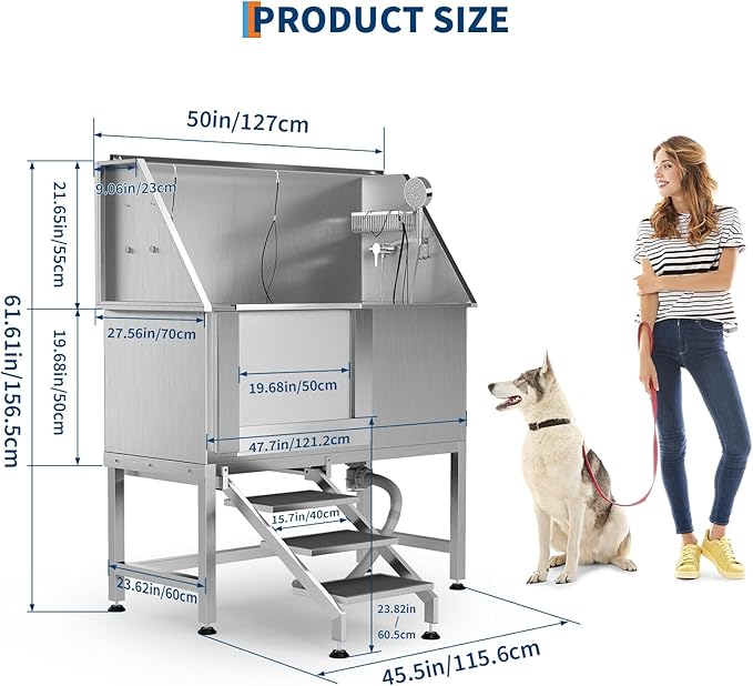 50" Stainless Steel Professional Dog Washing Station - Pet Bathing Tub w/Non-Slip Stairs | Slip-Resistant Floor Grate | for Large/Medium/Small Dogs