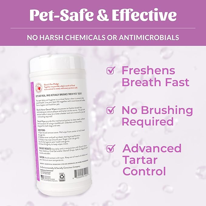 SKOUT'S HONOR Pet Dental Wipes - Fights Plaque and Tartar, Freshens Breath Fast, No Brushing Required, 50 Sheets, 2-Pack