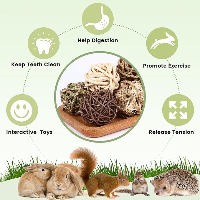 VESPRO Bunny Chew Grass Balls, (8 Pcs) Rolling Chew Toys for Small Animals, Natural Chew Grass Toys and Bunny Treats for Rabbits, Guinea Pigs, Chinchillas, Hamsters, Mice Teeth Grinding