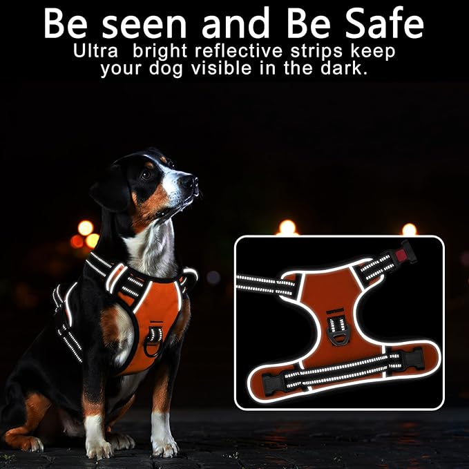 Timos Dog Harness Large Sized, No Pull with Neck Lockable Snap,No Choke Front Clip Dog Reflective Harness,Adjustable Metal Rings 3 Buckles,Easy Control Handle for Large Dogs Orange L