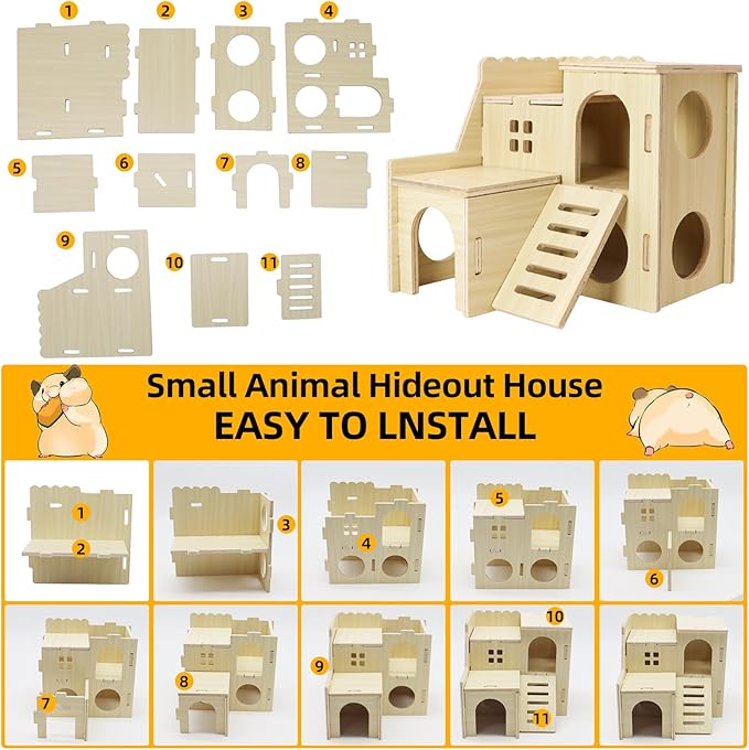 Tiny Hamster Maze Wood House with Slide House, Hamster Hideout Cage Accessories, for Dwarf Gerbils and Mouse Mice Rat Other Small Animals(Only Suitable for Hamsters)