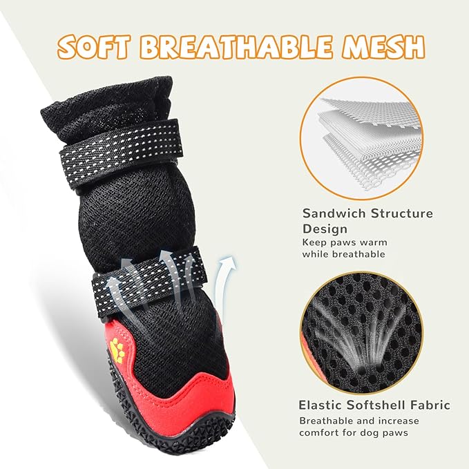 Dog Shoes for Medium Large Size Dogs, Breathable Dog Shoe for Hot Pavement, Dog Booties and Paw Protectors to Prevent Licking, Anti-Slip Dog Boots with Reflective for Summer, Hiking, Snow (Size 2)