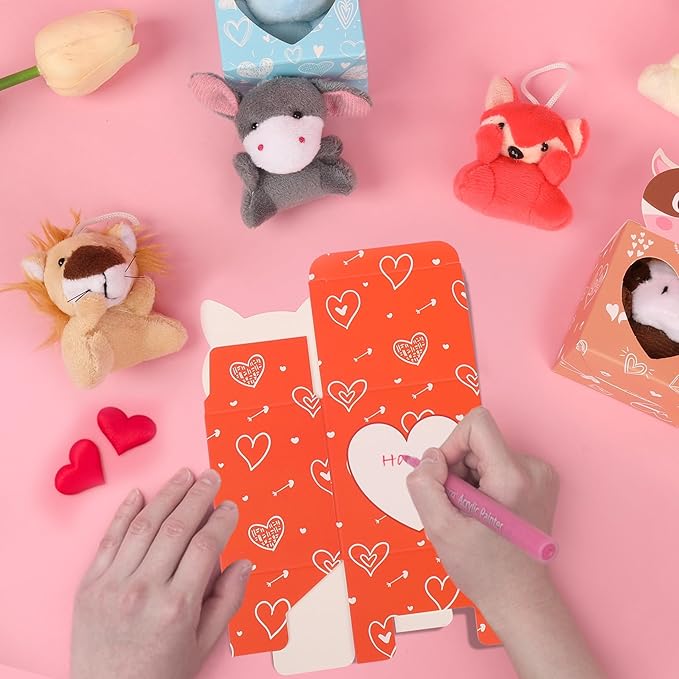 Sofier Valentines Day Gifts for Kids Classroom 24 Pack Card Boxes with Heart Window Mini Animal Toys Keychains Bulk for Boys Girls Classroom Exchange Party Favor School Teacher Student