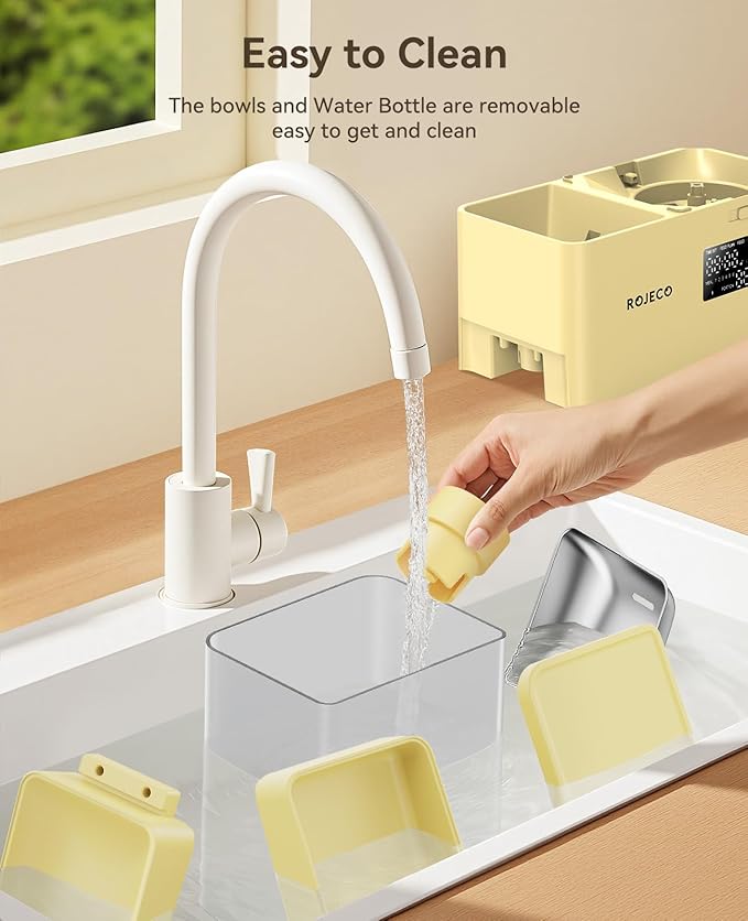 Rojeco 36Cups/8.5L Pet Automatic Cat Feeder and Gravity Water Dispenser,Stainless Steel Bowls 2-in-1 Set Large Capacity 5L Food Feeder and 3.5L Water Fountain for Cats,Pets,Small Dogs,Yellow