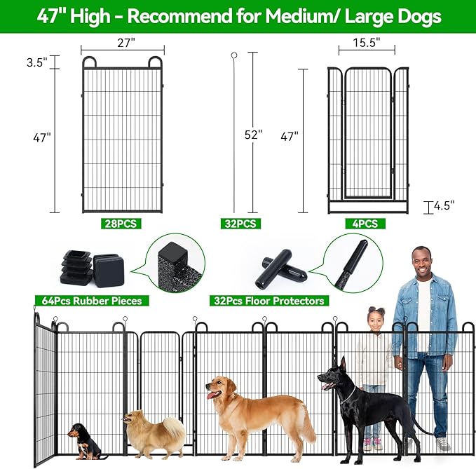 Dog Playpen Outdoor 32 Panels Heavy Duty Dog Fence 47" Height Anti-Rust with Doors Portable for RV Camping Yard, Total 71FT, 406 Sq.ft, Snowy Black