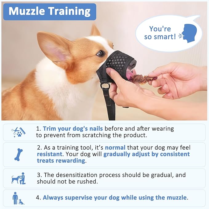 LUCKYPAW Dog Muzzle, Soft Muzzles for Large Medium Small Dogs to Prevent Biting Chewing with Ring and Adjustable Strap for Vet Visit Training (Blue, S)