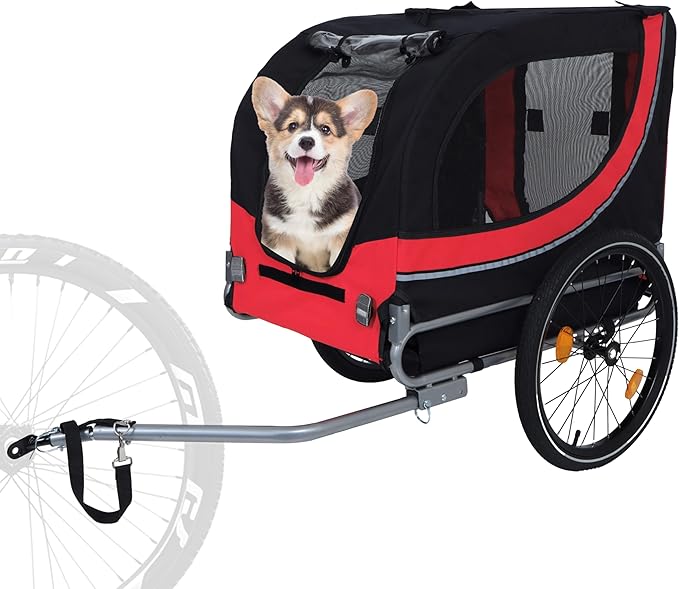Blue-Grey Large Folding Bike Trailer for Dogs – Heavy-Duty Steel Frame, 66LB Capacity Pet Carrier for All-Terrain Cycling, Jogging & Camping Adventures!