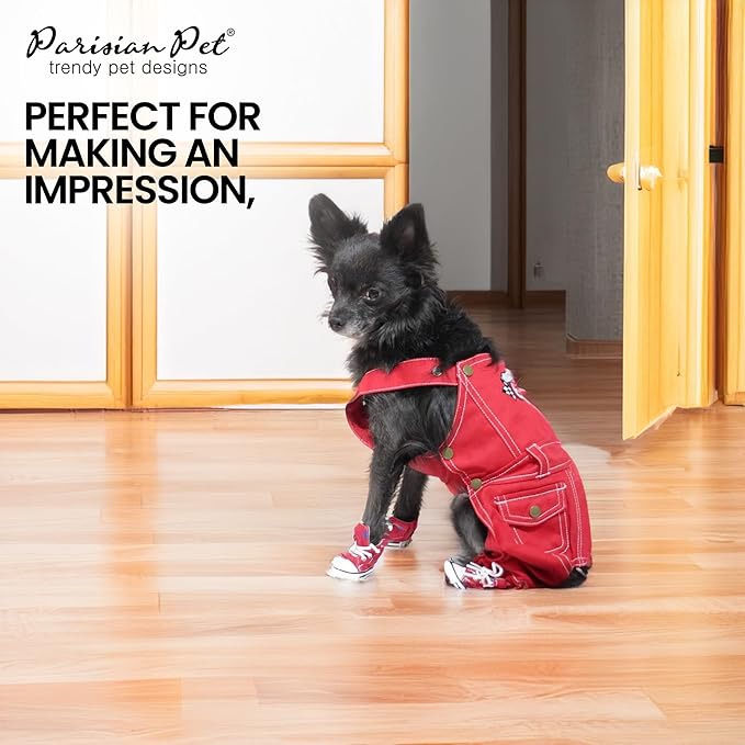 Parisian Pet Denim Overall w/ Embroidered Route 66 ' Red Dog Jumpsuit - Breathable, Machine Washable Dog Outfit - Large Dog, 2XL