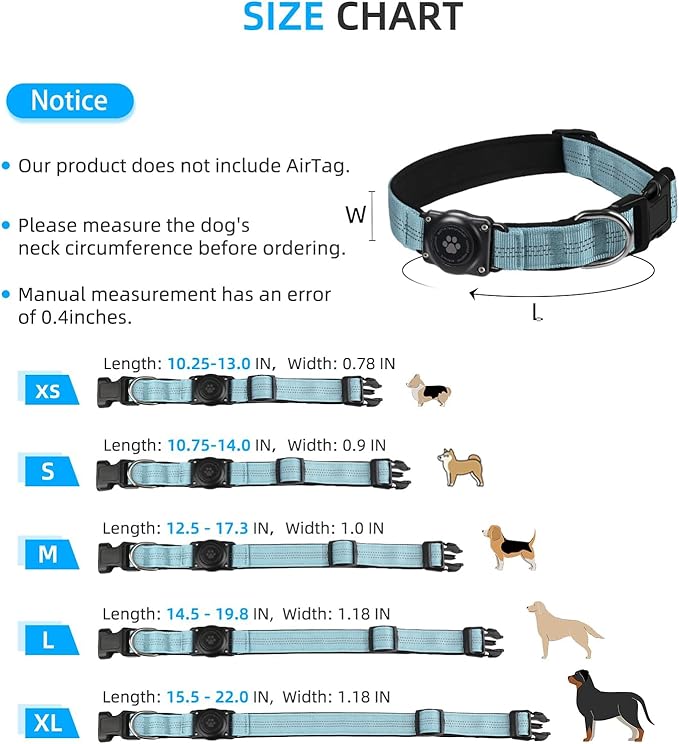Upgraded AirTag Dog Collar, IP68 Waterproof Air Tag Dog Collar Holder, Reflective, Ultra-Durable, Comfortable Padded, Heavy Duty Dog Collars for Small Medium Large Dogs (XS (10.25"-13")), LightBlue
