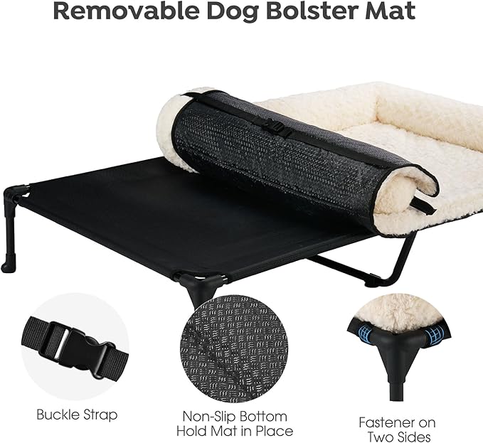 Veehoo Cooling Elevated Dog Bed Add Removable Deluxe Rose Plush Bolster Cushion Mat, 47" x 29" Washable Dog Couch Bed, Raised Pet Cot with Breathable Teslin Mesh, No-Slip Feet, White, CWC2439B