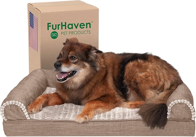 Furhaven Cooling Gel Dog Bed for Large/Medium Dogs w/ Removable Bolsters & Washable Cover, For Dogs Up to 55 lbs - Luxe Faux Fur & Performance Linen Sofa - Woodsmoke, Large