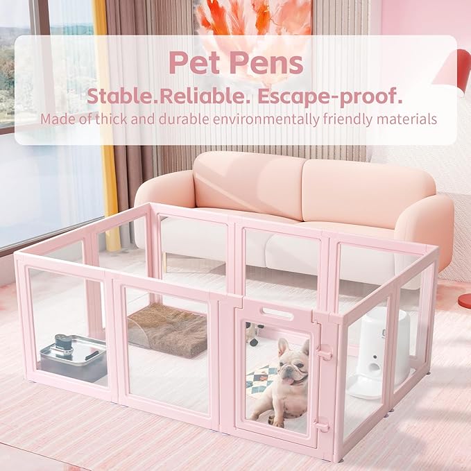 DIY Clear Acrylic Dog Playpen House,Quick Easy Assembly and Disassembly,Strong Floor Suction,Indoor and Outdoor Use,Easy Cleansing Puppy Fence (Skin Pink, 23.6" H, 12PCS)