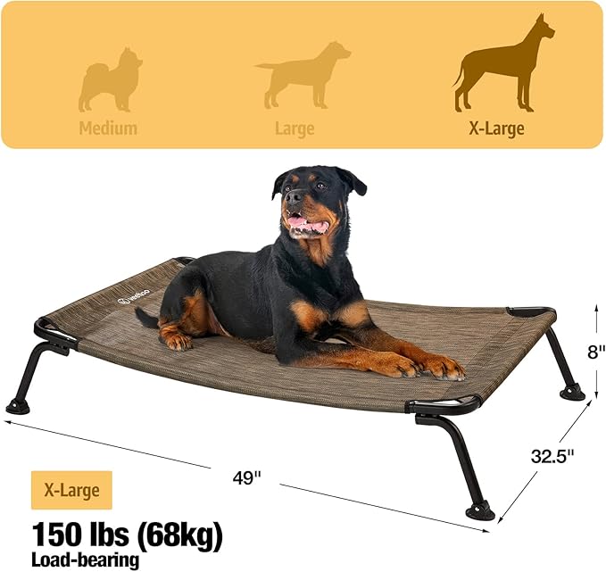 Veehoo Outdoor Elevated Dog Bed, Cooling Raised Dog Cot Bed XL, Portable Waterproof Curved Dogs Hammock Beds for Outside, up to 150lbs, Black Legs, Brown 49"