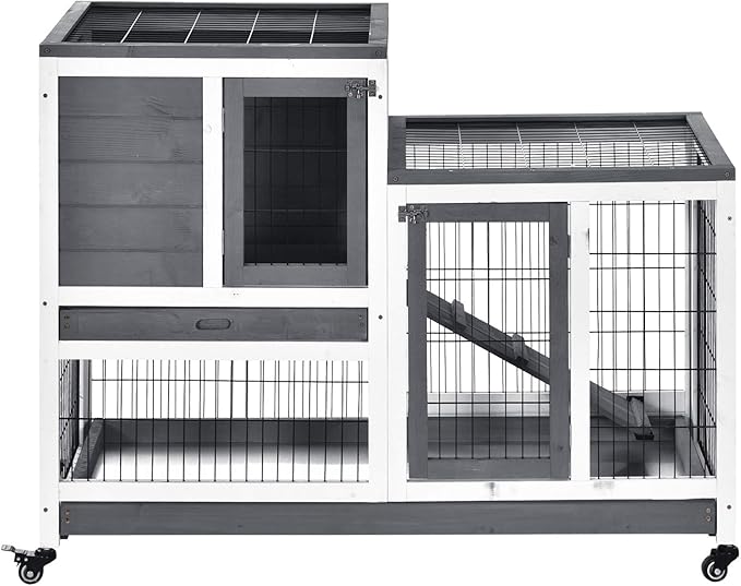 PawHut Wooden Rabbit Hutch Elevated Bunny Cage Indoor Small Animal Habitat with Enclosed Run with Wheels, Ramp, Removable Tray Ideal for Guinea Pigs, Grey