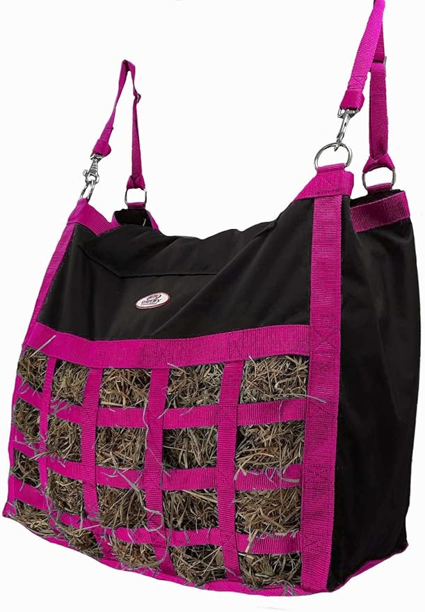 Supreme Slow Feed Top Load Hay Bag with Super Tough Bottom and 6 Month Warranty (Black and Pink)