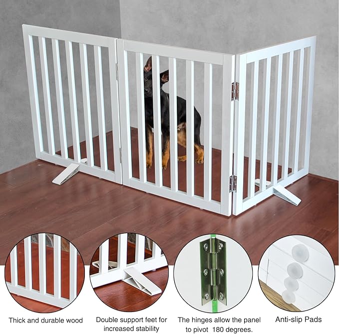 ZJSF Freestanding Indoor Dog Gate for House Foldable Wood White Puppy Gate for Doorways Pet Gate for Stairs Extra Wide Pet Fence 24" Height 3 Panels