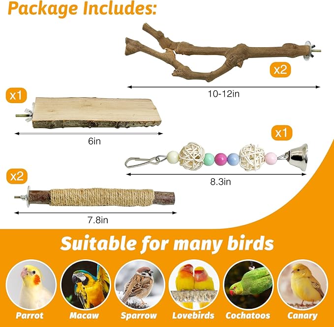 kathson 5pcs Natural Parrot Perch for Cage Wooden Bird Perches Grape Bird Stick Parakeet Climbing Standing Branches Toy Chewable Cage Accessories for Small Budgies Cockatiels Lovebirds