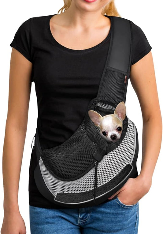 YUDODO Pet Sling Carrier for Small Dogs & Cats – Hands-Free Puppy Carrier with Safety Hook, Large Zipper Pocket, Soft Breathable Mesh, Adjustable Strap & Reflective Strip (Gray 3.0 S)