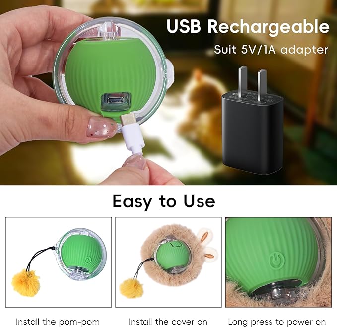 Interactive Cat Toys for Indoor Cats, Fast Rolling Cat Ball Toy in Pouch, Automatic Motion Activated Moving Ball Hide and Seek Exercise Game for Bored Cats, Rechargeable Kitten Toys with LED Light