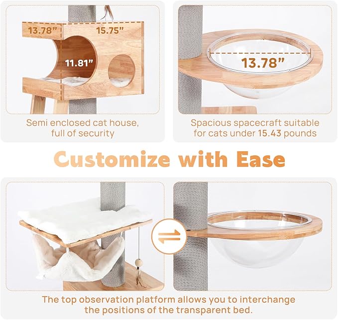 63-inch Modern Cat Tree, Luxury Cat Tower with Scratching Post, Unique Cat Condo with Hammock, Heavy Duty Kitty Climbing Tree for Indoor Cat, Wooden Kitty House for Small Medium Large Cats