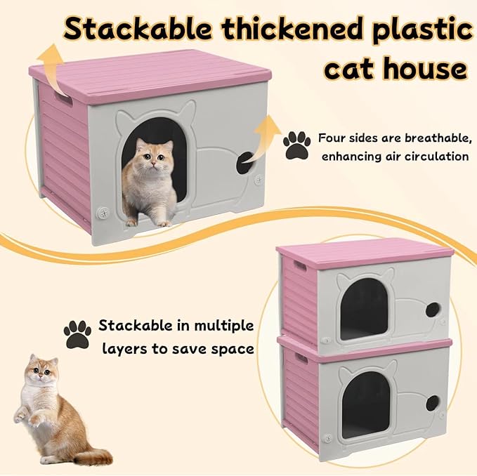 Plastic Outdoor Cat House Waterproof Feral Cat Shelter (Pink)
