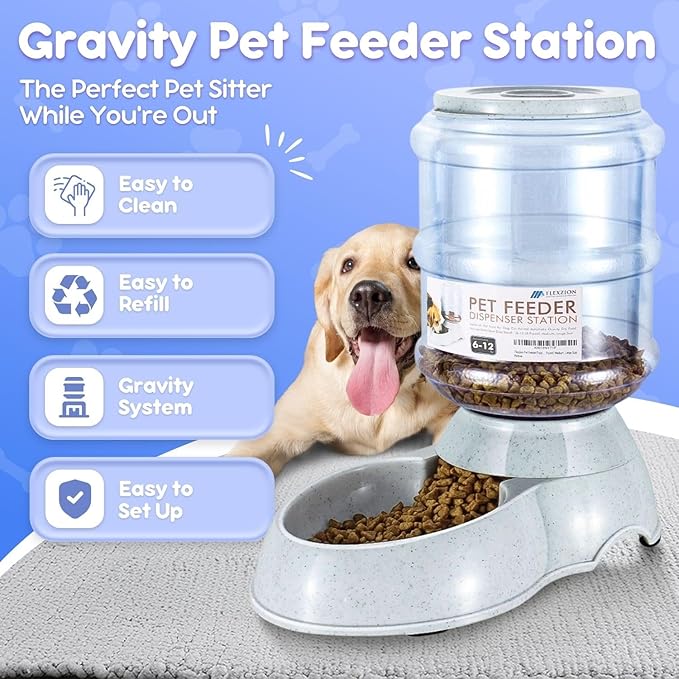 Flexzion Gravity Pet Feeder Food Dispenser (6-12 lb Size) Automatic Replenish Dry Food Storage Container Bowl for Small Medium Breed Dog Cat Animal Feeding Watering Fountain Supplies