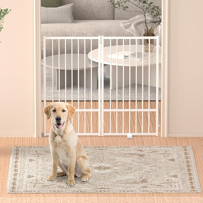 Full Metal Freestanding Dog Gate with Door, 36''Height Foldable Pet Dog Fence for Indoor & Outdoor, 2 Panels Extra Wide Free Standing TallDog Gates for Doorways,House,Stairs,Porch,Deck,Yard