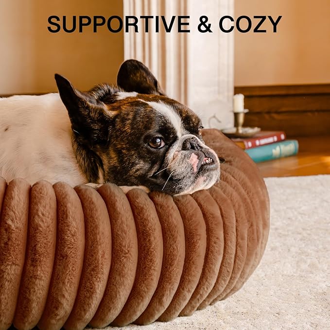 MEWOOFUN Donut Dog Beds for Small Dog, Calming Bed Round Cute Puppy Bed with Non-Slip Bottom, Fluffy Washable Pet Bed for Puppy and Kitten (Dark Brown, M (30x30x8))